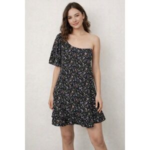 French Grey Black Floral One Shouldera  Asymmetrical Ruffle Dress Size Large